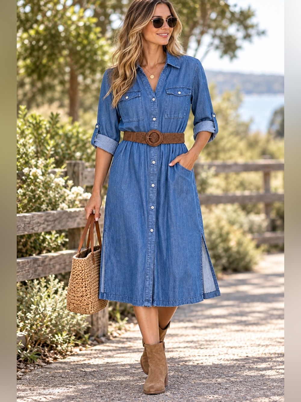 Knox Rose Denim Blue Midi Shirt Dress with Brown Belt